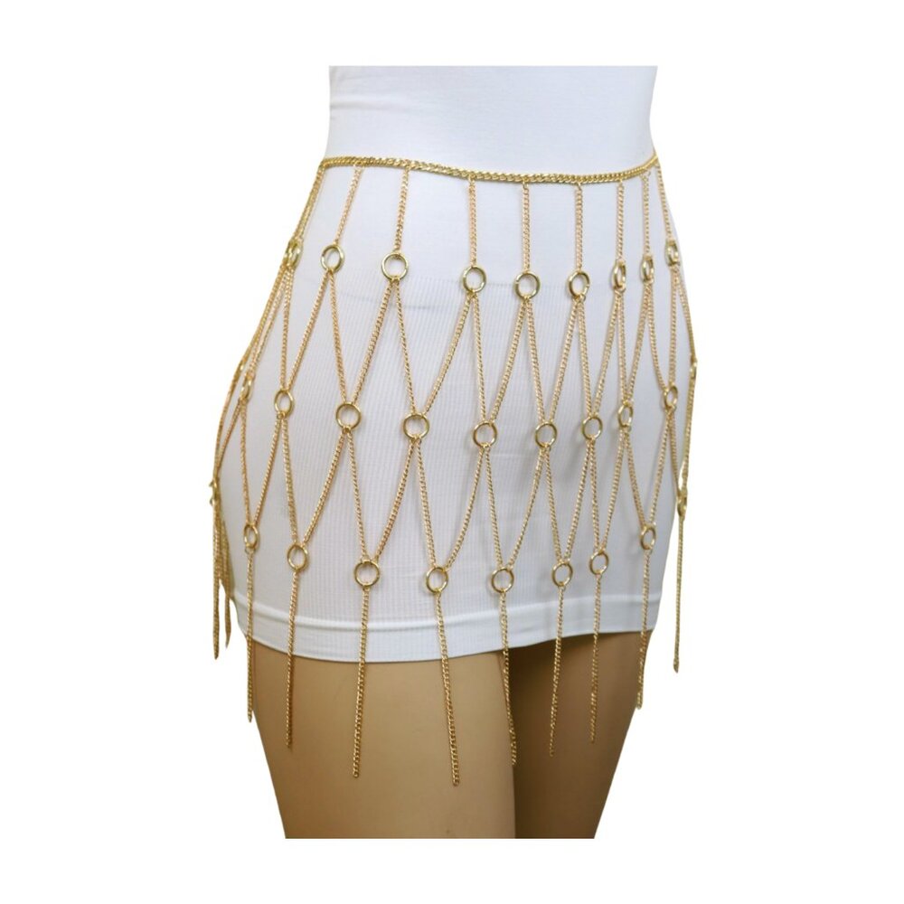Women Gold Metal Chain Circle Rings Skirt Long Tassel Sexy Belt High Waist S M - Picture 11 of 17